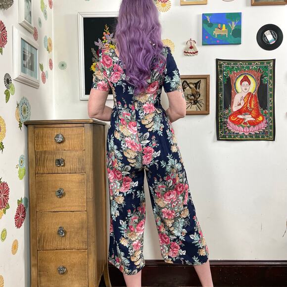 Vintage Floral Rayon Jumpsuit, 1980s Navy & Pink One Piece by Expo, Sz S - Picture 3 of 11